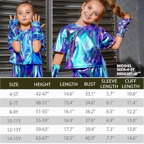 Vista 6 de Perfashion Camisas metálicas para niñas con mangas de brazo, top corto brillante para baile, raves, festivales, disfraces de 4 a 15 años