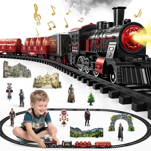 Vista 8 de Conjunto de Tren para Niños Pequeños de 2-4 años, Trenes Eléctricos con Vía, Humo, Luz, Sonido y Escena, Conjuntos de Tren de Navidad para Alrededor