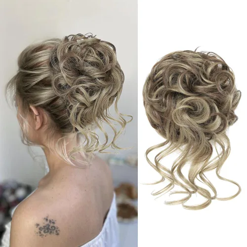 Vista 13 de KETHBE Moño desordenado, extensión de moños de pelo despeinado, banda elástica para el cabello, moño rizado para mujeres (negro)