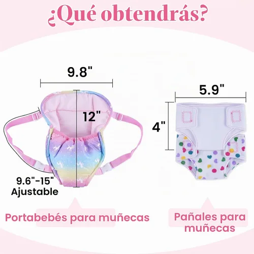Vista 6 de BABESIDE Accesorios para muñecas de bebé, portador de muñecas con 2 pañales para muñecas, juego de accesorios para muñecas de 12 a 15 pulgadas