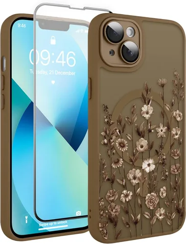 Vista 123 de Magnético para iPhone 13 con protector de pantalla [Compatible con MagSafe] Diseño de patrón floral de flores bonitas, funda delgada a prueba