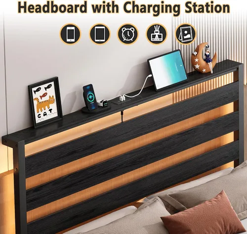 Vista 3 de CLIBFENG Base de cama tamaño individual con estación de carga USB, marco de cama LED con cabecera de almacenamiento de madera, cama de plataforma
