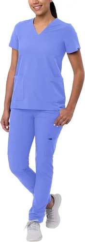 Vista 10 de Adar Addition Go-Basic - Conjunto de uniforme quirúrgico para mujer con blusa de cuello en V y pantalones cargo ajustados Rosa suave