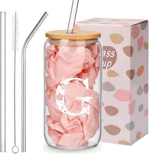 Vista 13 de Regalos personalizados para mujeres, tazas de vidrio con monograma con tapas y pajitas, regalos personalizados para mujeres, vasos de café helado