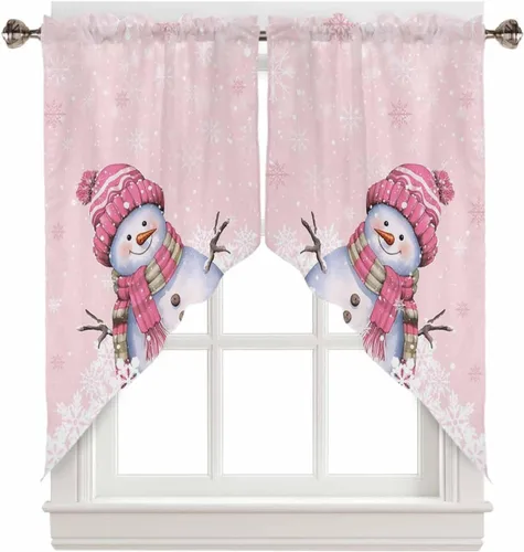 Vista 19 de BEMIGO Cortinas de cocina de Navidad, lindas cortinas de granja con muñeco de nieve azul, cenefa con bolsillo para barra de copos de nieve