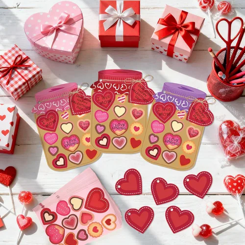 Vista 5 de Juego de 30 tarjetas de regalo para el día de San Valentín, tarro de San Valentín, kit de manualidades con calcomanías de corazón, haz tu propia