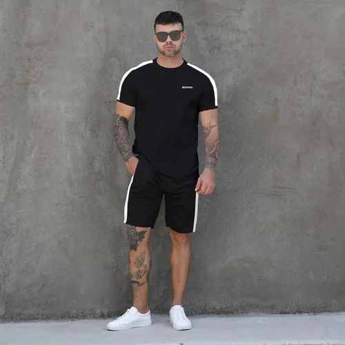Vista 2 de RPOVIG Conjunto de entrenamiento de camisas, pantalones cortos paquete de 3 unidades de ropa para hombre, conjunto corto, gimnasio, atletismo