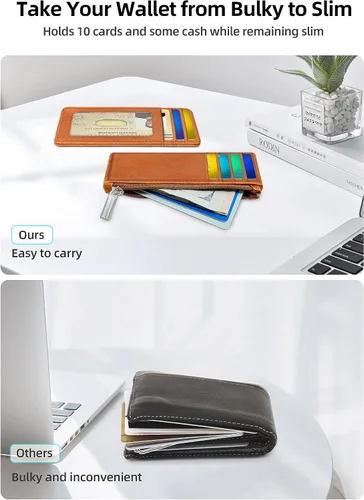 Vista 3 de Cartera delgada minimalista con bolsillo frontal, bloqueo RFID, tarjetero con ventana para identificación, 6 ranuras para tarjetas, cartera