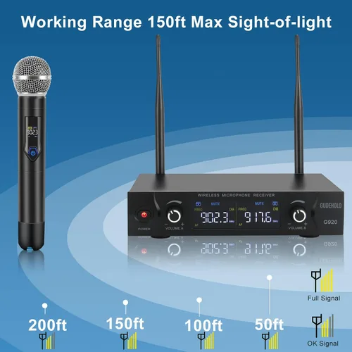 Vista 2 de Sistema de Micrófono Inalámbrico con Estuche, Micrófono Inalámbrico Dual de Mano UHF Metálico de 20 Canales Profesional para Iglesia, DJ, Karaoke