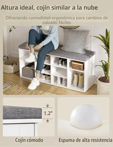 Vista 7 de DINZI LVJ Banco de almacenamiento de zapatos con cojín, zapatero con 12 cubículos, estantes ajustables, banco organizador de zapatos multifuncional