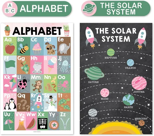 Vista 3 de Hadley Designs 4 carteles del alfabeto, mapa de Estados Unidos, mapa del mundo y sistema solar, gráficos ABC laminados para decoración de pared