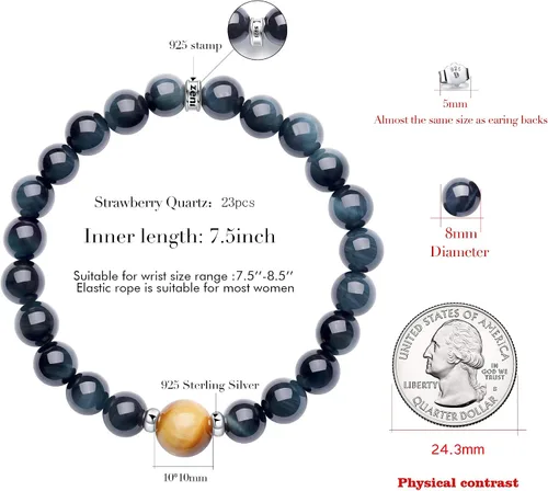 Vista 7 de Pulsera de ojo de tigre para hombres y mujeres, pulsera de cuentas de piedra azul, pulsera de pareja de plata de ley 925, regalo de joyería, Piedra