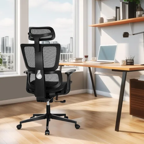 Vista 9 de ALPHA HOME Silla de oficina ergonómica, silla de computadora de malla con respaldo medio con soporte lumbar, taburete ejecutivo con reposabrazos