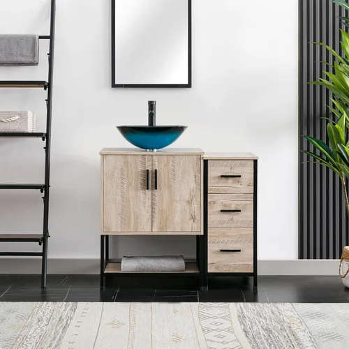 Vista 38 de eclife Lavabo de tocador de baño de 24 pulgadas, gabinete de metal moderno con estante inferior, fregadero azul para barco y grifo de ahorro de agua