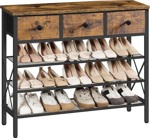 Vista 12 de YATINEY - Zapatero de 4 niveles con 3 cajones, organizador de zapatos de metal para 15 pares con estantes de almacenamiento y parte superior de Negro