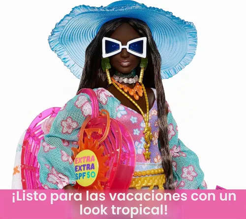 Vista 5 de Muñeca Barbie Extra Fly con ropa y accesorios de viaje con temática de playa, cubretodo tropical con sombrero y bolso de gran