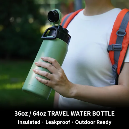 Vista 2 de BJPKPK Botella de agua aislada de 36 onzas, botellas de acero inoxidable con tapa de boquilla a prueba de fugas, jarra de agua grande de boca ancha