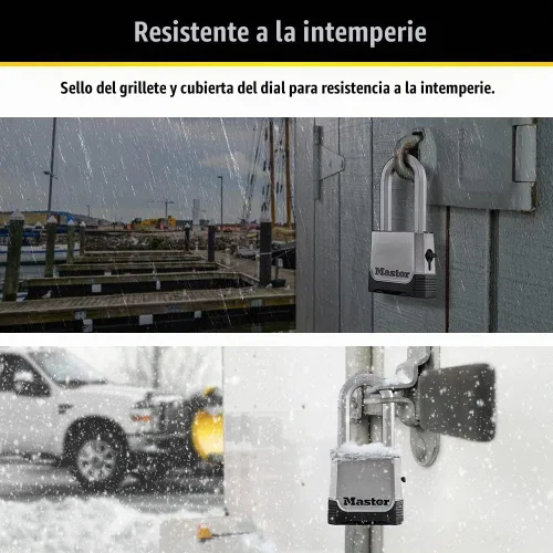 Vista 4 de Master Lock Candado de combinación al aire libre plateado, Candado resistente a la intemperie de servicio pesado con código restablecible y grillete