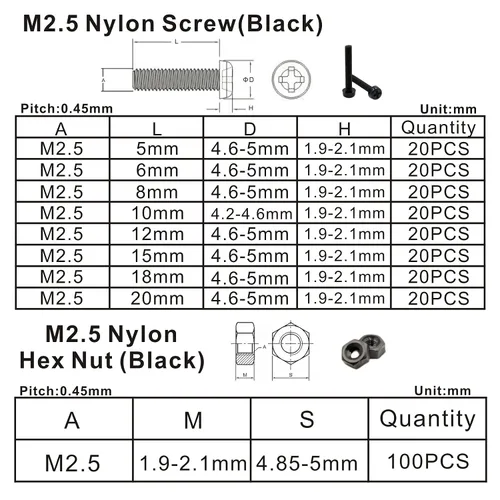 Vista 3 de Metric M2.5 Nylon Phillips Tornillos de cabeza plana tuercas arandelas planas Kit surtido (negro)