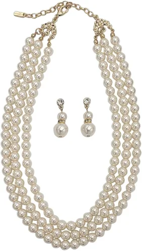 Vista 2 de Rosemarie Collections Juego de collar y aretes clásicos de perlas de imitación de 0.315in para mujer, de 16 a 19 pulgadas con extensor de 3 pulgadas