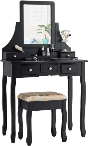 Vista 12 de CHARMAID Juego de tocador de maquillaje con espejo y taburete acolchado, tocador con 5 cajones y organizadores de almacenamiento extraíbles, mesa