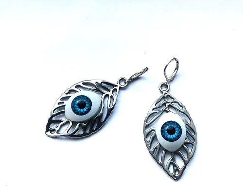 Vista 2 de Halloween Jewelry Large Leaf Silver Color Earrings/or Pendant Nature Statement Realistic Blue Eye Necklace S. Pl. Chain