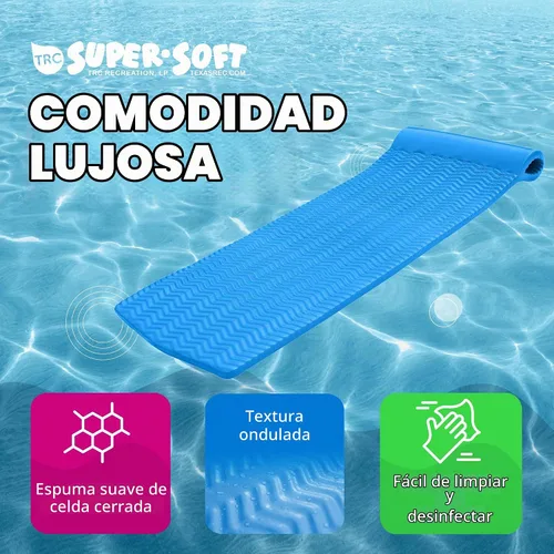 Vista 3 de TRC Recreation Serenity 1.5” Thick Vinyl Coated Foam Swimming Pool Float Mat Adult Lounger with Built-in Roll Pillow Azul Bahama