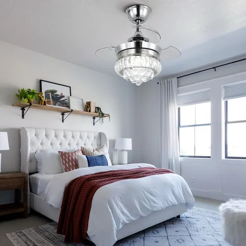 Vista 6 de Ventilador de techo LED de cristal de 22 pulgadas con luz, lámparas pequeñas regulables de 6 velocidades con temporizador, ventilador Chandeleir