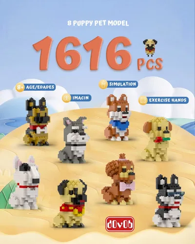 Vista 3 de dOvOb Micro Mini Blocks 8 en 1 juego de perros, 1616 piezas de ladrillos, colección de rompecabezas 3D, juguetes de modelo animal como regalo