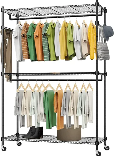 Vista 10 de Himimi Perchero resistente de 3 niveles con ruedas, estante de alambre ajustable con barra para colgar, 4 ganchos laterales, estante de Gris