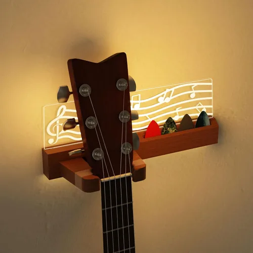 Vista 10 de CoolGift Mart Soporte de pared para guitarra iluminado, capacidad para 2 guitarras con 3 llaveros enchufables, diseño de notas musicales