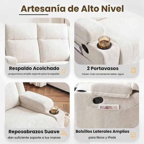 Vista 5 de Sofá reclinable de dos plazas, sofá biplaza con reposapiés ajustable, sillón reclinable de pared para sala de estar, cine en casa y RV (beige)