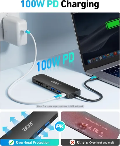 Vista 4 de Acer USB C Hub, Dock USB-C a HDMI 7 en 1, 2 USBA 3.1 GEN1 y puerto de datos Type-C de 5Gbps, puerto HDMI 4K, carga PD de 100W, lector de tarjetas