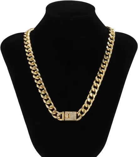 Vista 3 de Pingyongchang Punk Chic - Collar con cierre de diamantes de imitación cubano, pulsera de hip hop, oro cubano, eslabones cubanos de circón, cierre