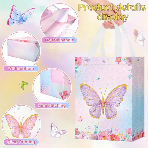 Vista 4 de Locmeo 24 bolsas de favor de fiesta de mariposa con asas, reutilizables, no tejidas, bolsas de dulces de mariposa rosa, azul y morado, bolsa