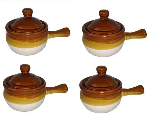 Vista 4 de Cuencos individuales de sopa de cebolla francesa con asas y tapas, cerámica de 16 onzas, paquete de 4
