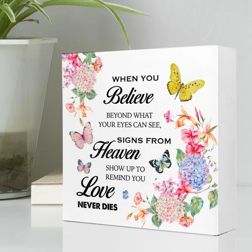 Vista 3 de Letrero de madera con texto en inglés «When You Believe Beyond What Your Eyes Can Se», decoración inspiradora de madera con diseño de flores