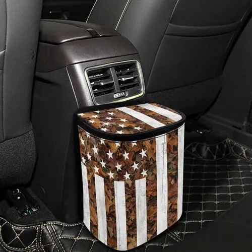 Vista 2 de Talayituse Cubo de basura portátil con estampado de camuflaje de bandera estadounidense, accesorios interiores de vehículos multifuncionales
