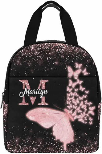 Vista 19 de InterestPrint Bolsa de almuerzo con nombre personalizado para hombres y mujeres, diseño de mariposa rosa y azul personalizada, caja de almuerzo