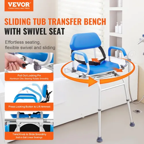 Vista 2 de VEVOR Banco deslizante de transferencia de bañera con asiento giratorio de 360 grados, silla de ducha deslizante con reposabrazos pivotantes