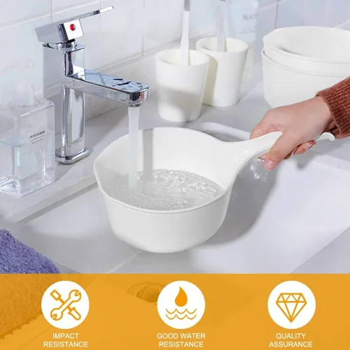 Vista 5 de Cuchara de agua de plástico para baño, cuchara de ducha de 1.5 litros con gancho adhesivo, taza de baño de agua para baño, cuchara de baño para niños