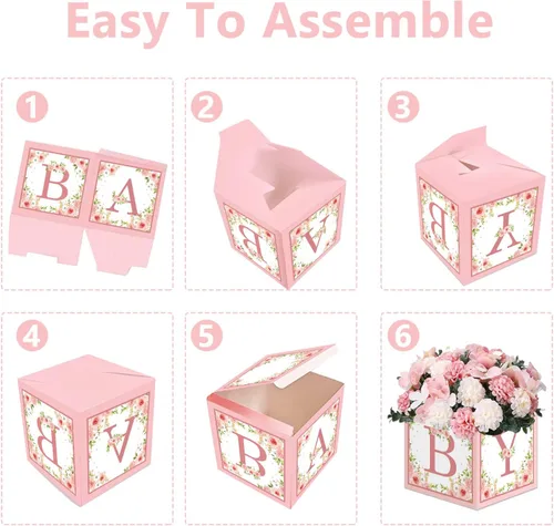 Vista 4 de TSVATE Decoraciones de cajas rosas para baby shower, 4 cajas de centro de mesa de baby shower, decoración de centro de mesa de primer cumpleaños