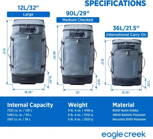 Vista 7 de Eagle Creek Cargo Hauler XT - Bolsa de lona con ruedas, asa telescópica y correas de mochila plegables, tapa en U con cerradura y bolsillo de acceso