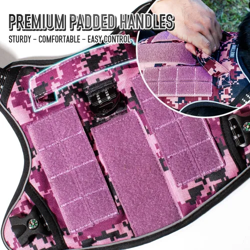 Vista 2 de Arnés táctico para perros medianos y grandes, camuflaje morado, control ajustable sin tirones con asa, chaleco reflectante resistente, talla M