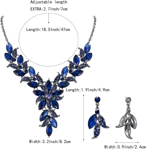 Vista 4 de BriLove Juego de collar y pendientes colgantes de cristal con forma de marquesa para mujer, diseño de hojas
