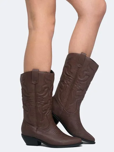 Vista 3 de Soda - Botas vaqueras Reno del oeste para mujer con puntera puntiaguda y lengüeta longitud hasta la rodilla color rojo