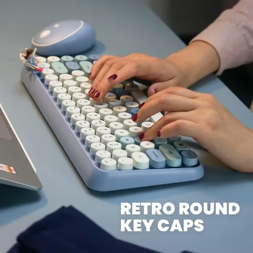 Vista 4 de Perixx PERIDUO-713BL Combo de Teclado y Ratón Inalámbrico Mini - Teclas Redondas Retro - Azul Pastel - Diseño de Teclado Inglés de EE. UU. (11909)