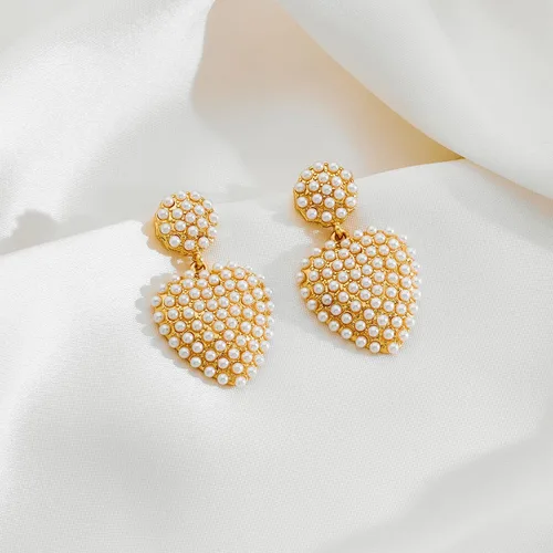 Vista 2 de Pendientes de perlas elegantes para mujer, aretes de perlas geométricas, aretes colgantes de perlas, regalos de joyería
