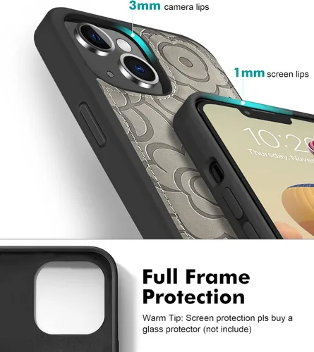 Vista 4 de CASEOWL Camellia - Funda de piel vegana en relieve compatible con iPhone 13, magnética, desmontable, delgada, funda protectora de TPU para iPhone