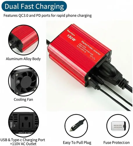 Vista 3 de Inversor de corriente de coche rojo de 150W, convertidor de 12V DC a 110V AC, adaptador de enchufe de vehículo con cargador de coche USB dual
